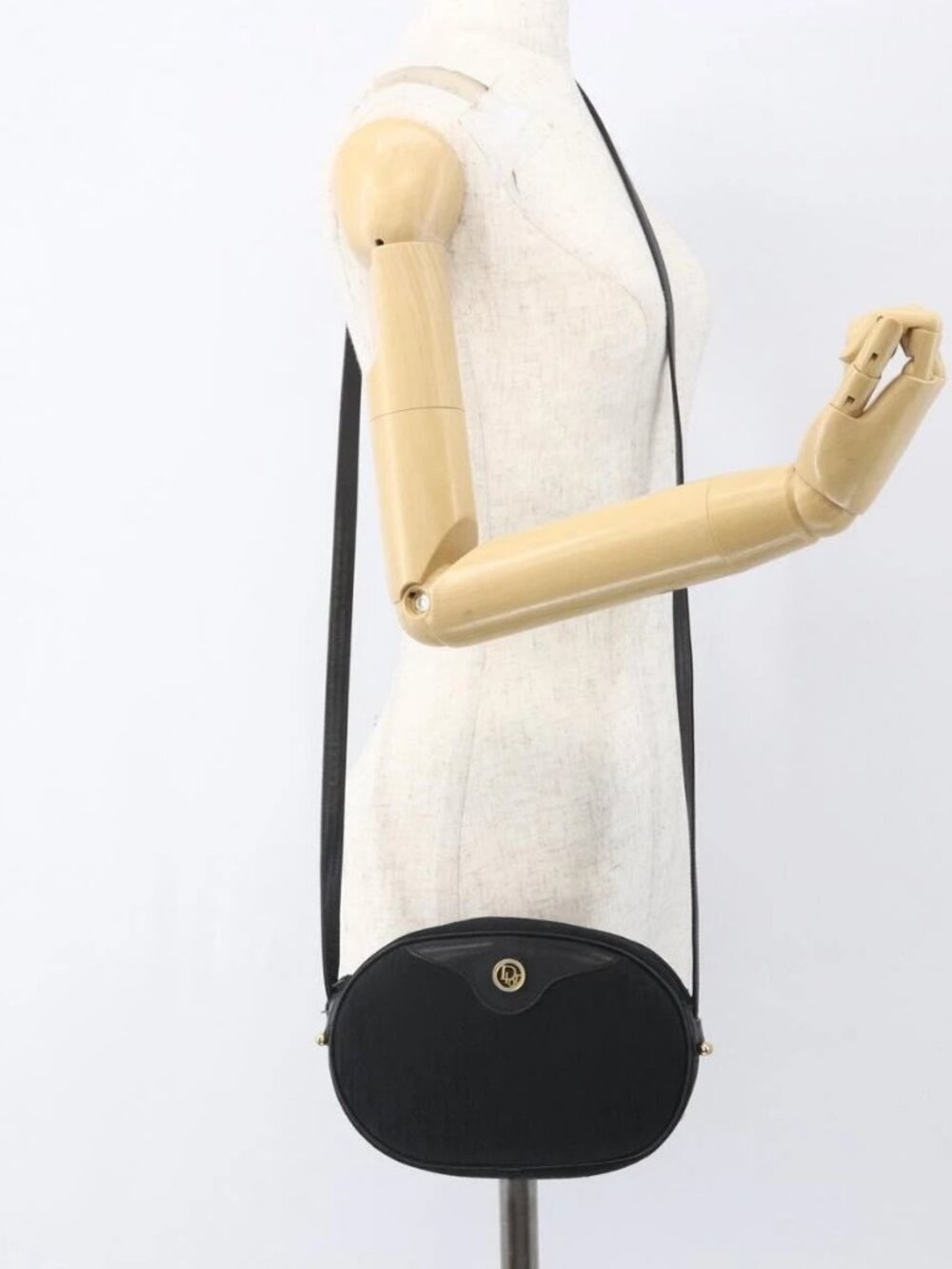 Christian Dior Trotter Canvas Shoulder Bag Black Gold Auth BA9335